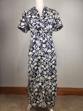 Old Navy Midi Dress M Navy Blue Floral Buttons Side Cutouts Short Sleeve Resort